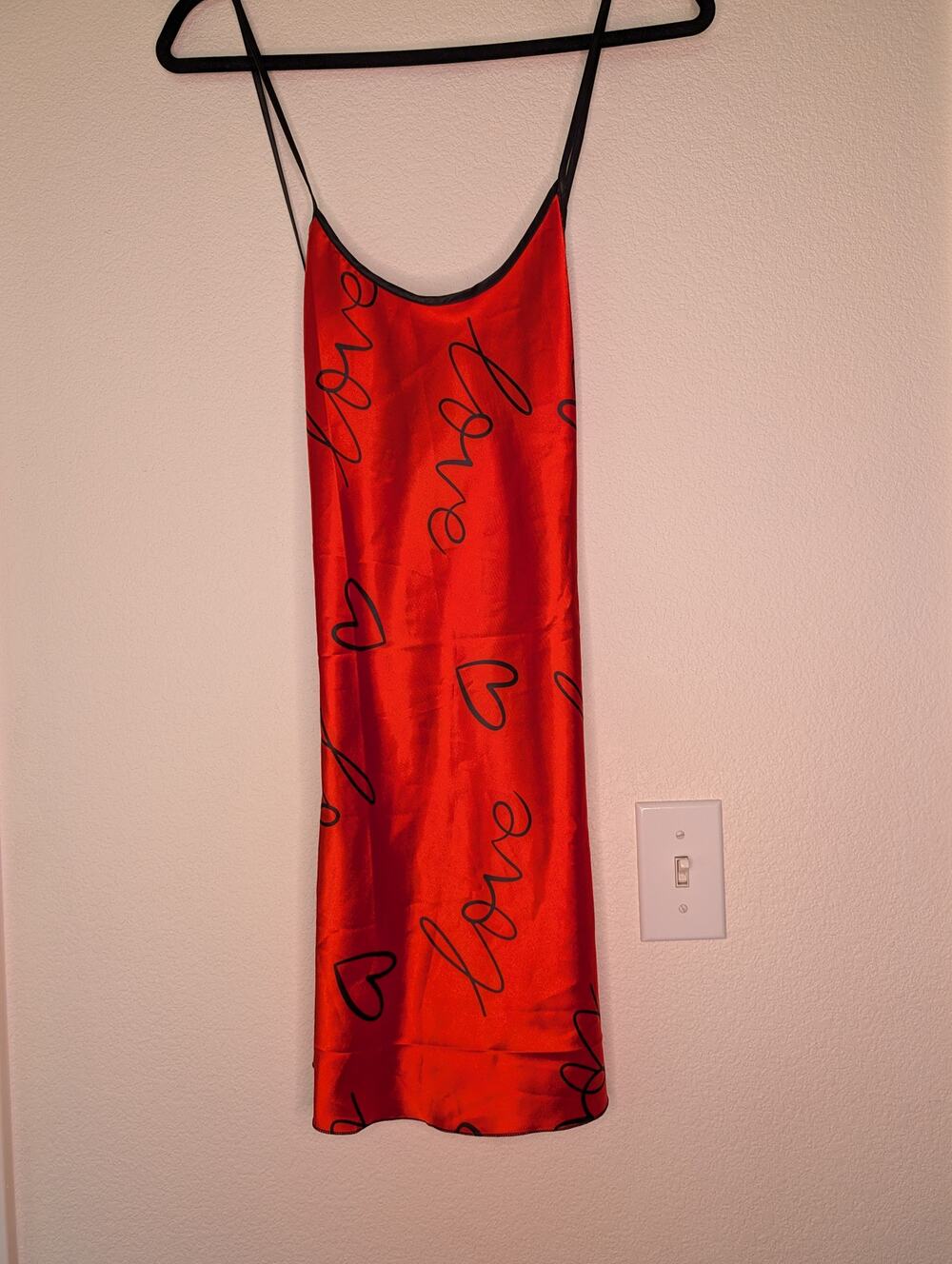 No Brand Red Satin Slip Dress M Love Heart Print Strappy Y2K Valentines Date